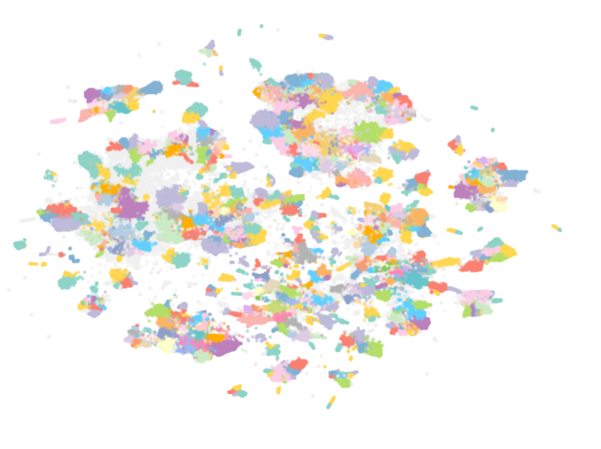 Figure 3: Final 2D representation of the embeddings after further splitting of each cluster. Each colored group represents a subcluster found by HDBSCAN for a particular cluster. Spread grey points were identified as noise (Image by author).