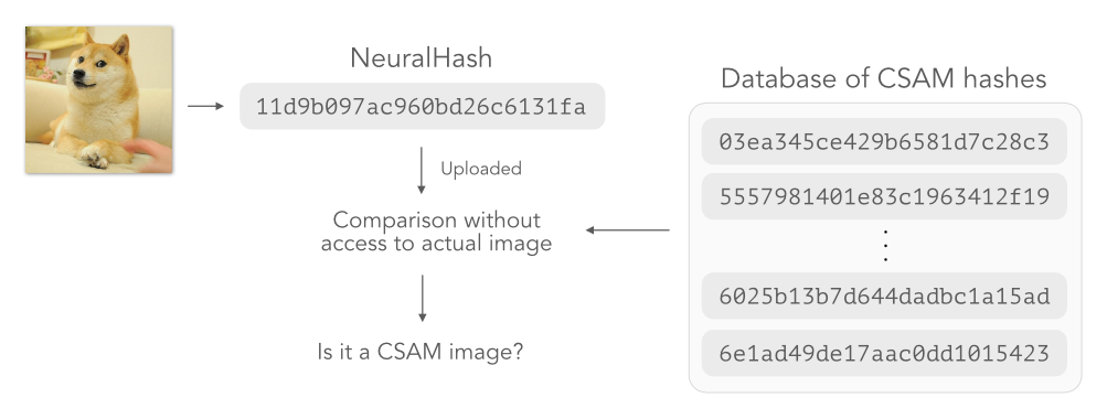 Image by author, inspired by Apple's Technical Summary on CSAM Detection. Hashes listed here are not actual CSAM hashes. This excludes details such as the blinding step. Refer to the Technical Summary for a detailed diagram.