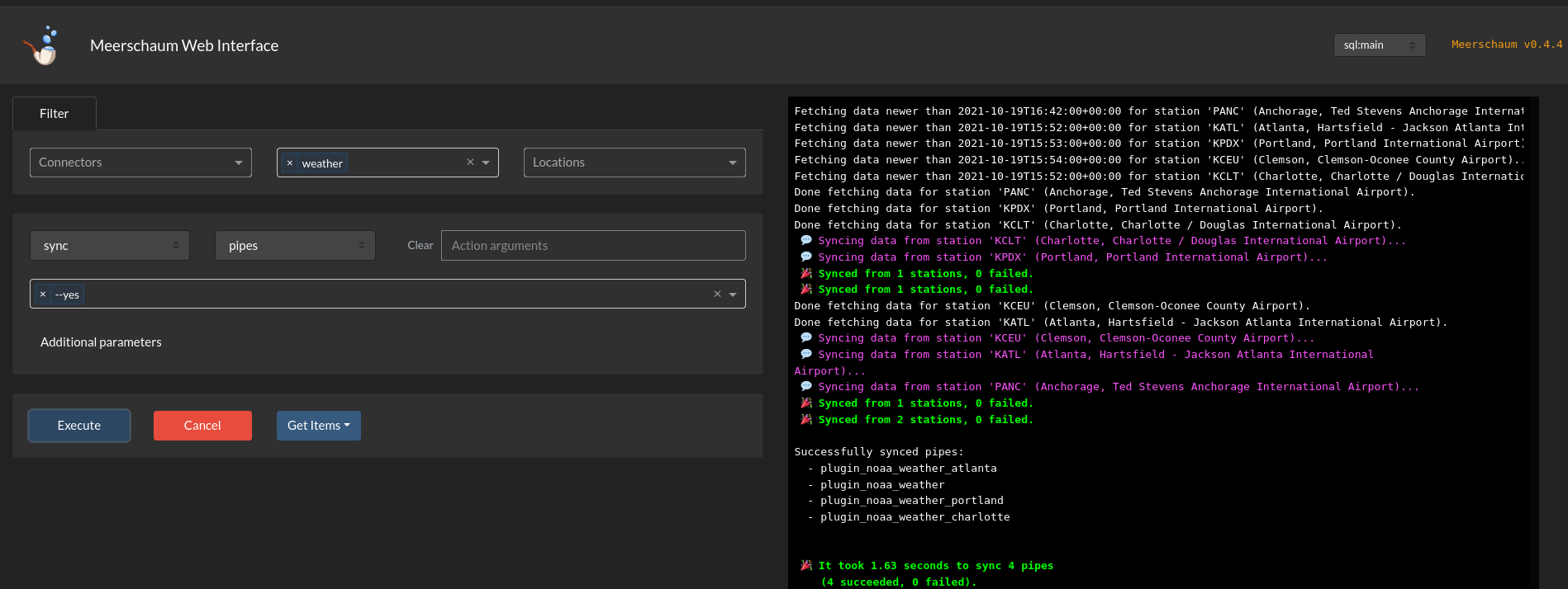 Syncing weather data in Meerschaum via the 'noaa' plugin. (image by author)