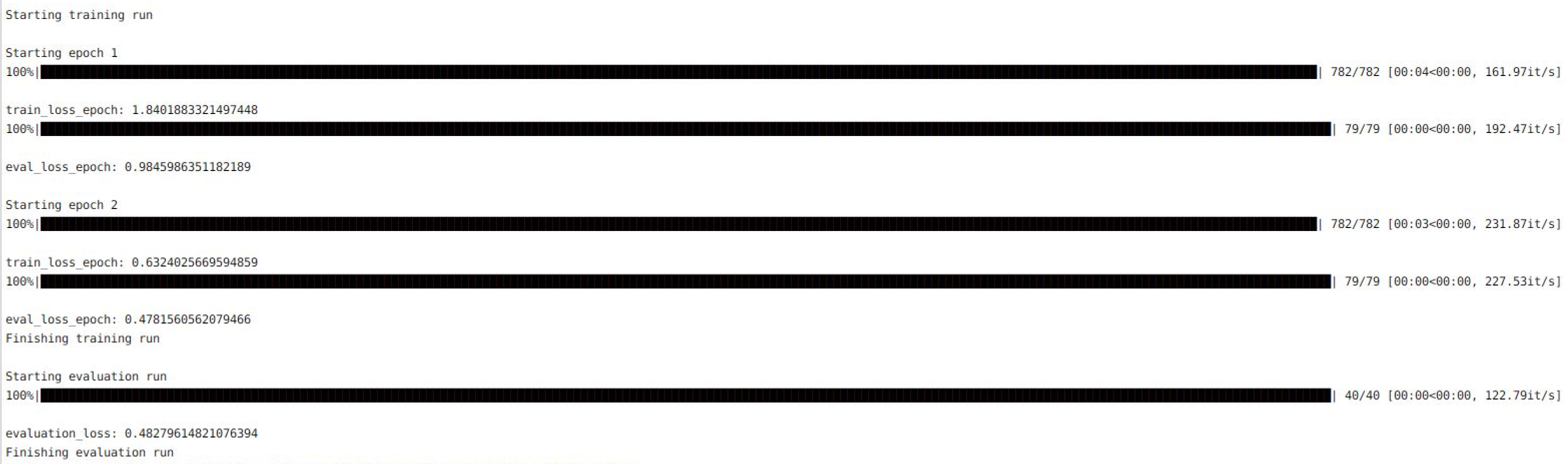 Output produced when running the training script