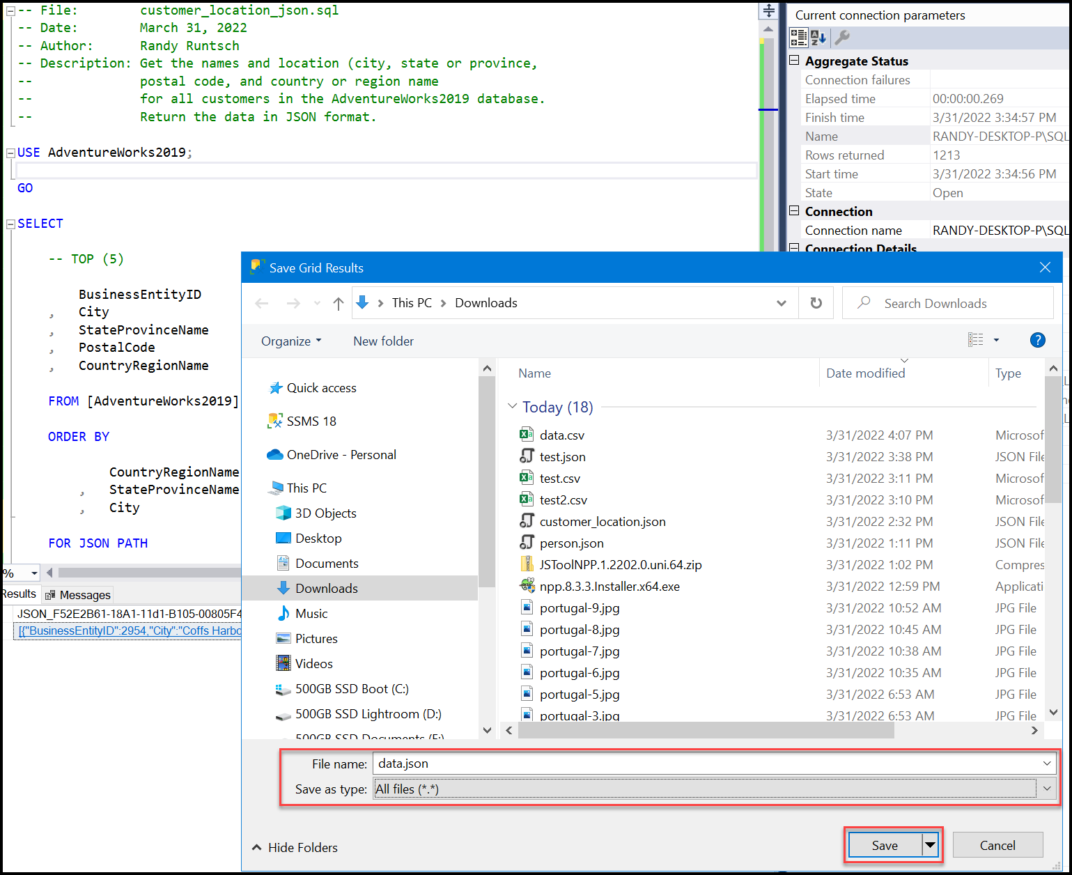 Query result set stored in file in JSON format. Image by Randy Runtsch.