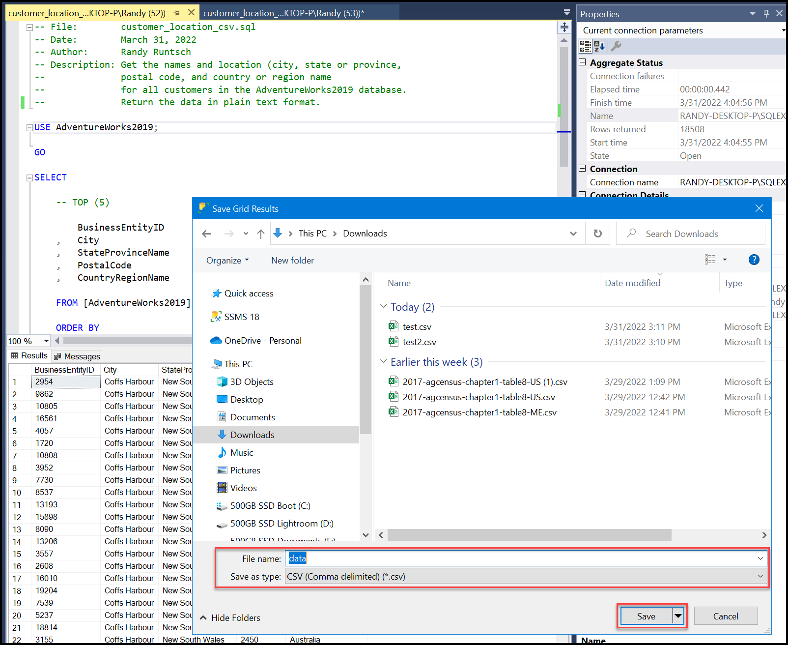 Saving a CSV file from the SSMS query result grid. Image by Randy Runtsch.