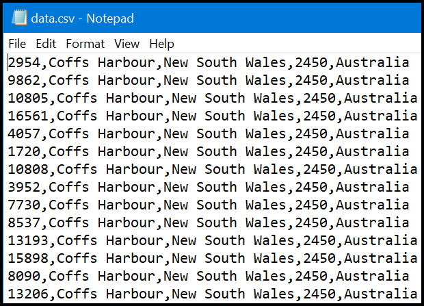 Query result set stored CSV format in the file data.csv. Image by Randy Runtsch.