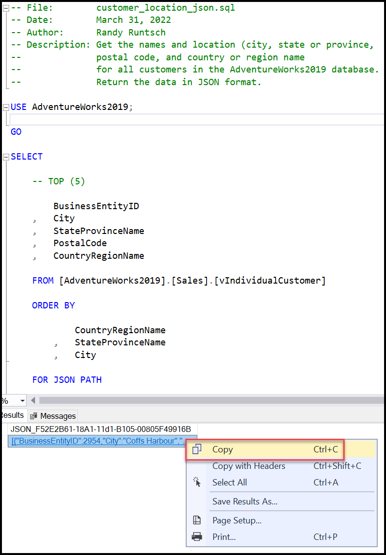 Copy the JSON-formatted data by right-clicking the greyed-out row below the row that starts with "JSON." Then, click [Copy]. Image by Randy Runtsch.