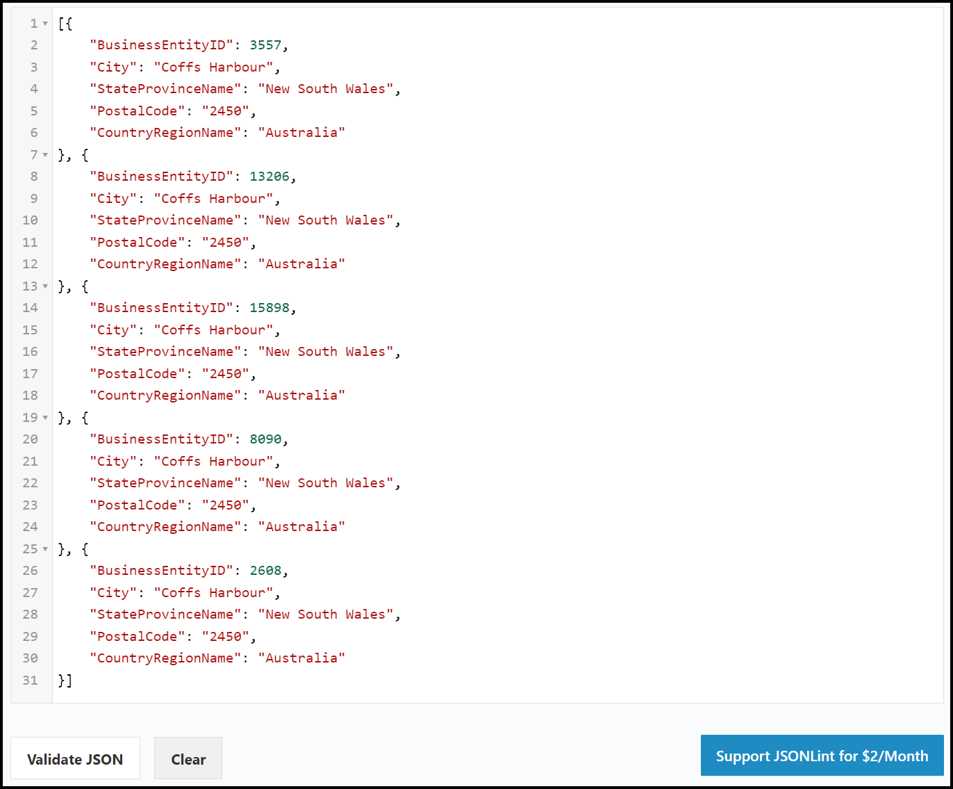 Use the free JSON Online Validator to ensure that SQL Server correctly formatted records from the SQL query. Image by Randy Runtsch.