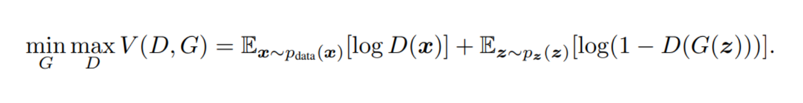 GAN optimizing function. Screenshot from the original paper "Generative Adversarial Nets" [1]