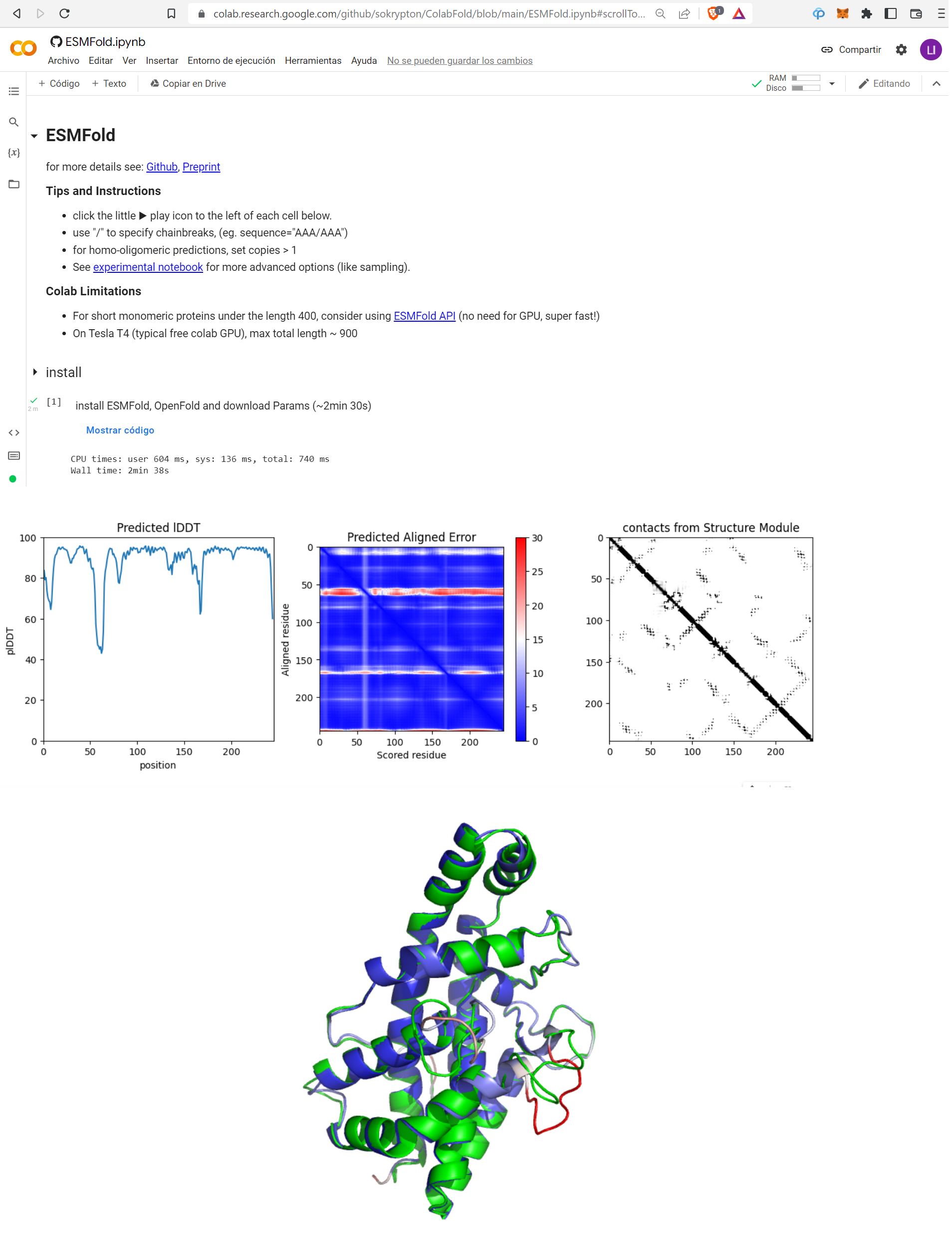 Top: result of running ESMFold in ColabFold's notebook, which is accessible under an MIT license that includes commercial use. Bottom: model superimposed into the actual structure in a figure generated by the author from the model produced by the above run of ESMFold.