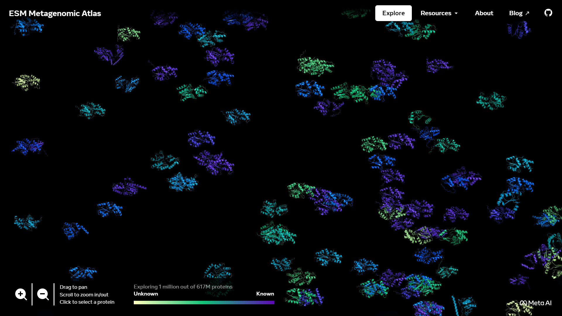 Author's screenshot of a region of Meta's Metagenomic Atlas zoomed to resolve individual protein models. This and all other resources at esmatlas.com used to create the figures displayed in this article are available under a CC BY 4.0 license for academic and commercial use as explained at https://esmatlas.com/about#license.