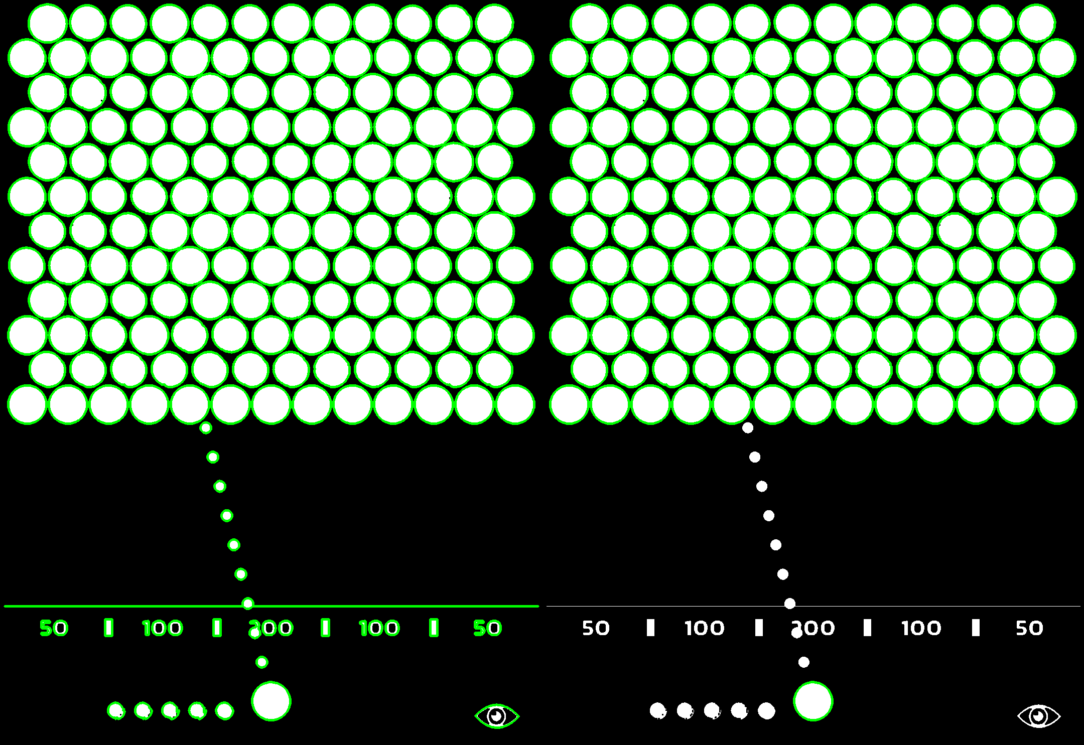 Contours in green on a binary image, before (left) and after (right) filtering | Image by author