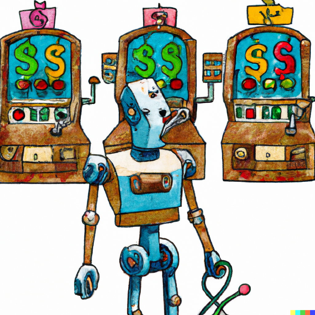 Confused robot observing three one-armed slot machines in Picasso style. Source: DALL-E 2.