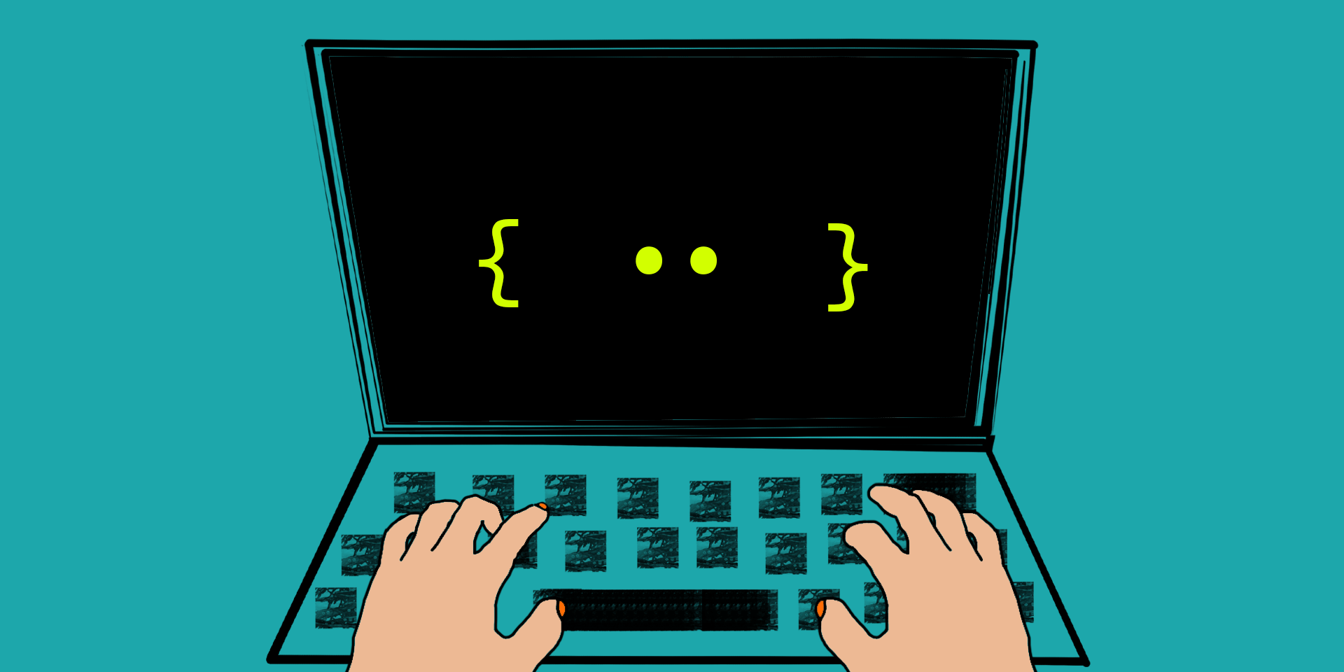 A visual of a pair of hands typing on a laptop with code on the screen. Image by Author