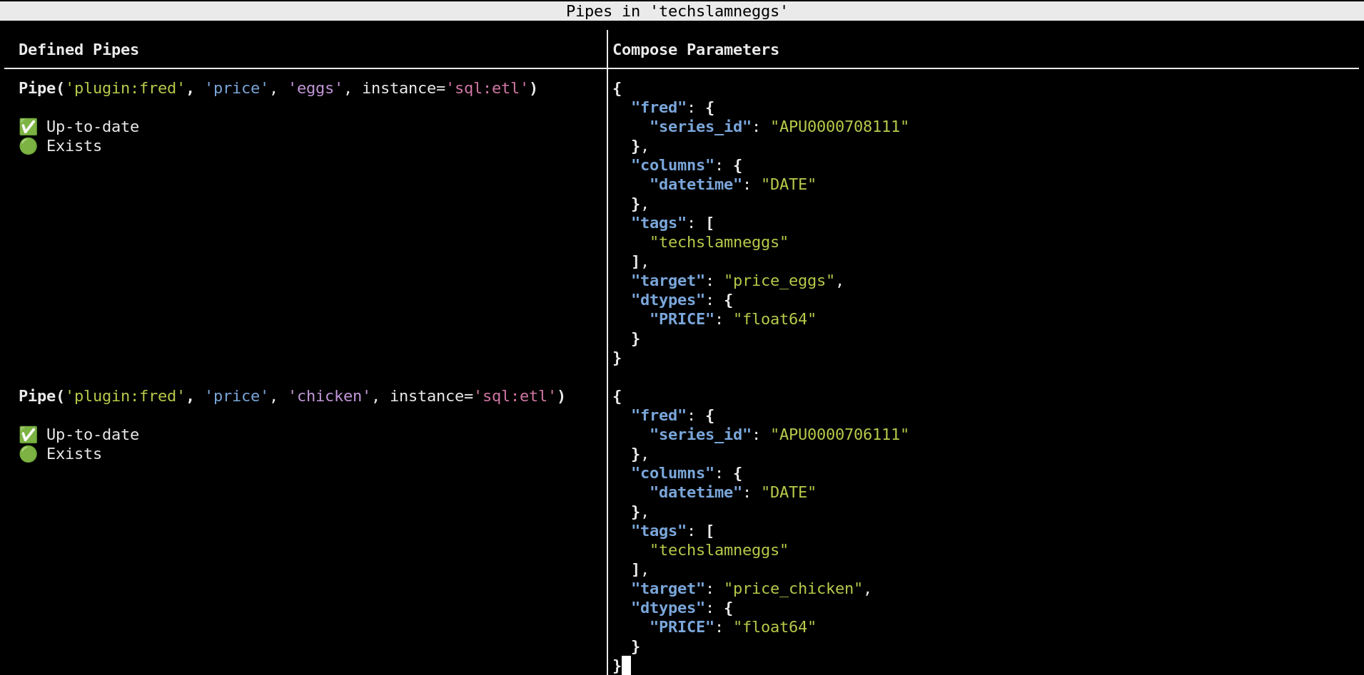 The compose explain command prints the status of defined pipes.