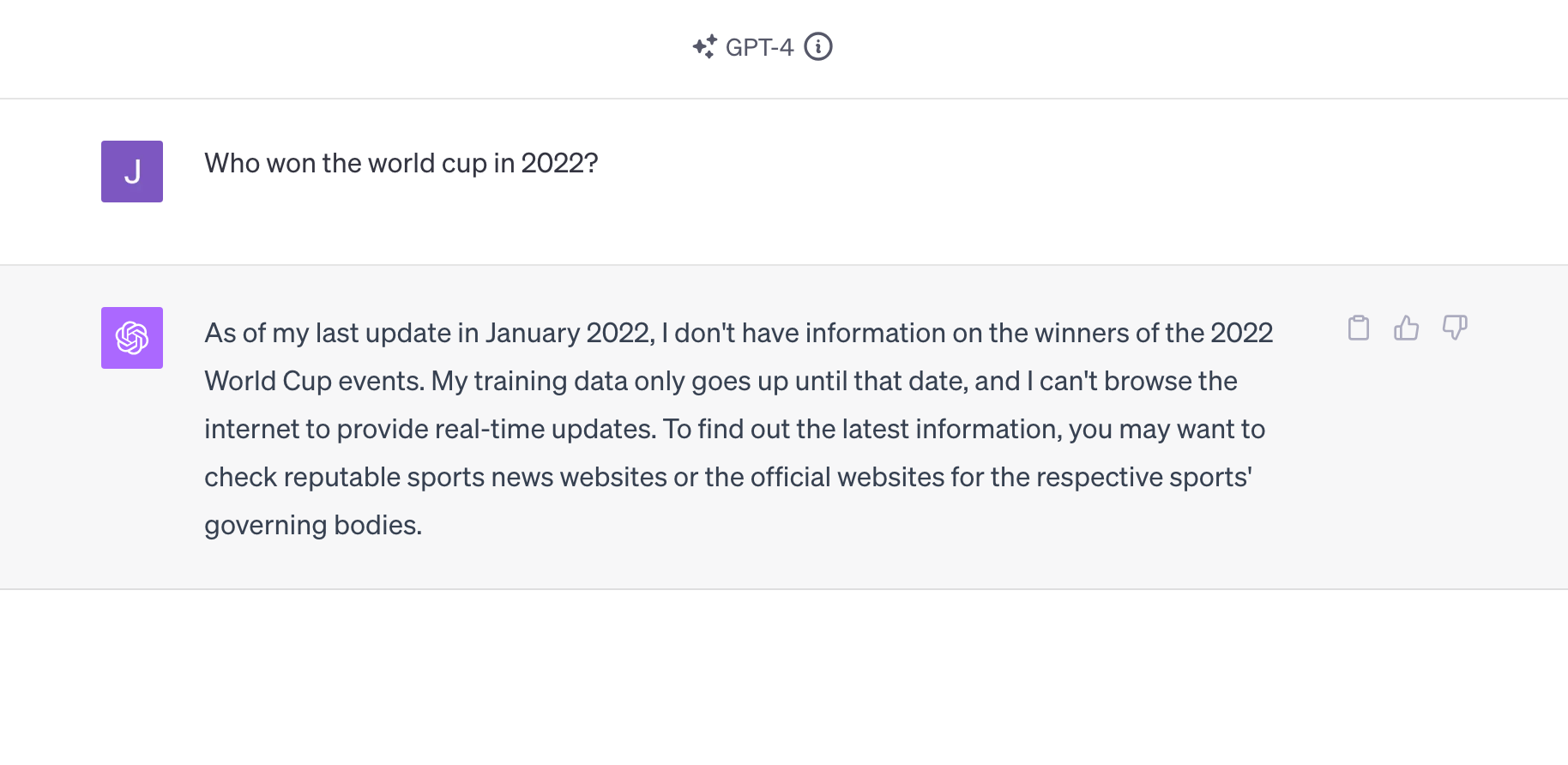 ChatGPT (GPT-4 variant) telling the user it is trained up until January 2022 (screenshot by author)