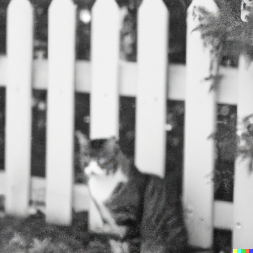 An image of a cat in front of a white picket fence. From DALL·E 3.