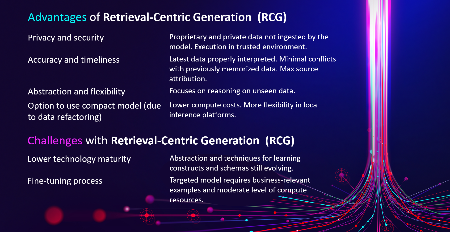 Figure 1. Advantages and challenges of retrieval-centric generation (RCG) versus retrieval-augmented generation (RAG). Image credit: Intel Labs.