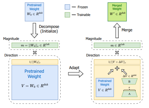 In DoRA, the weight matrix W is decomposed into magnitude m and direction V, which are tuned independently. Image from [7].