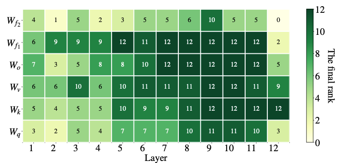 On different layers of the network, the LoRA matrices are given different ranks. On later layers, the ranks are higher, in general. Image from [6].