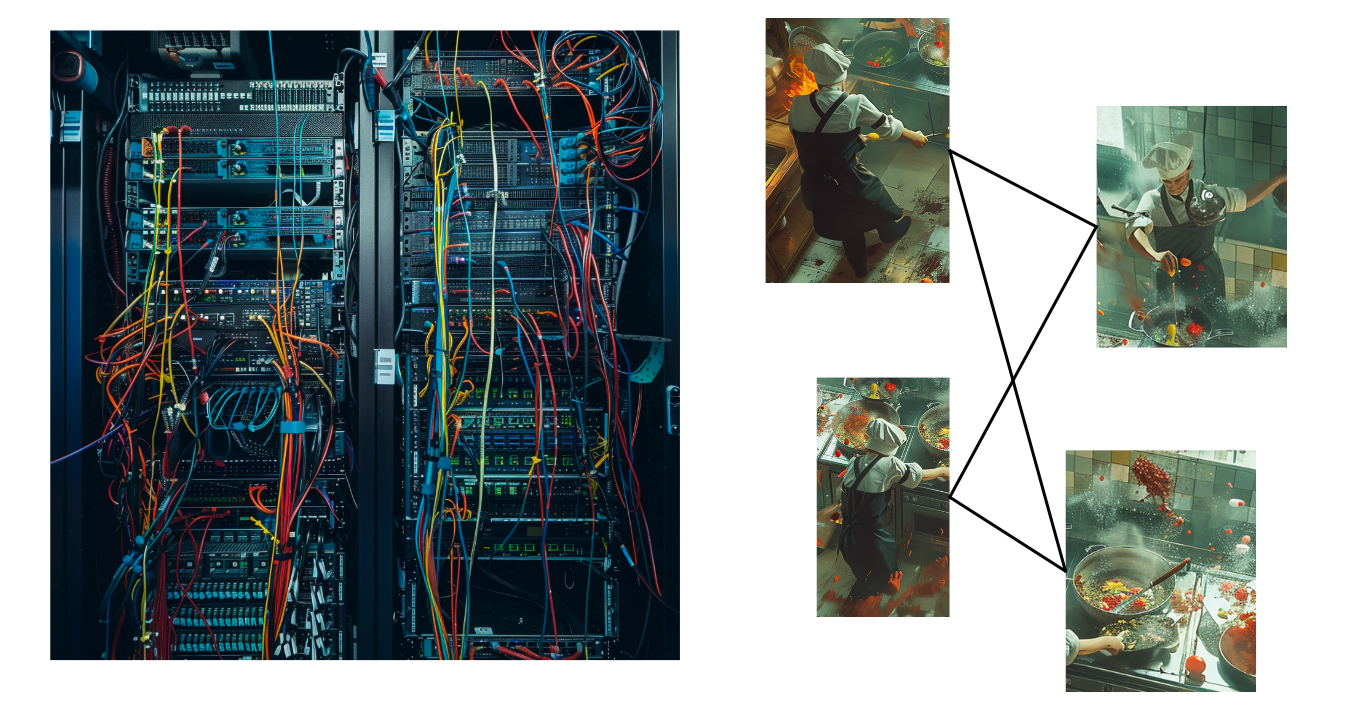 While Servers appear organized, in reality they're a bunch of independent actors inefficiently communicating with one another. There's a lot of overhead computation necessary to orchestrate this whole thing. I'm not an expert, but based on the research I've done it seems like, within a complex computer system, the lion's share of resources go into communication rather than actual computation. In other words, more resources go into keeping track of what's going on, rather than doing actual work.