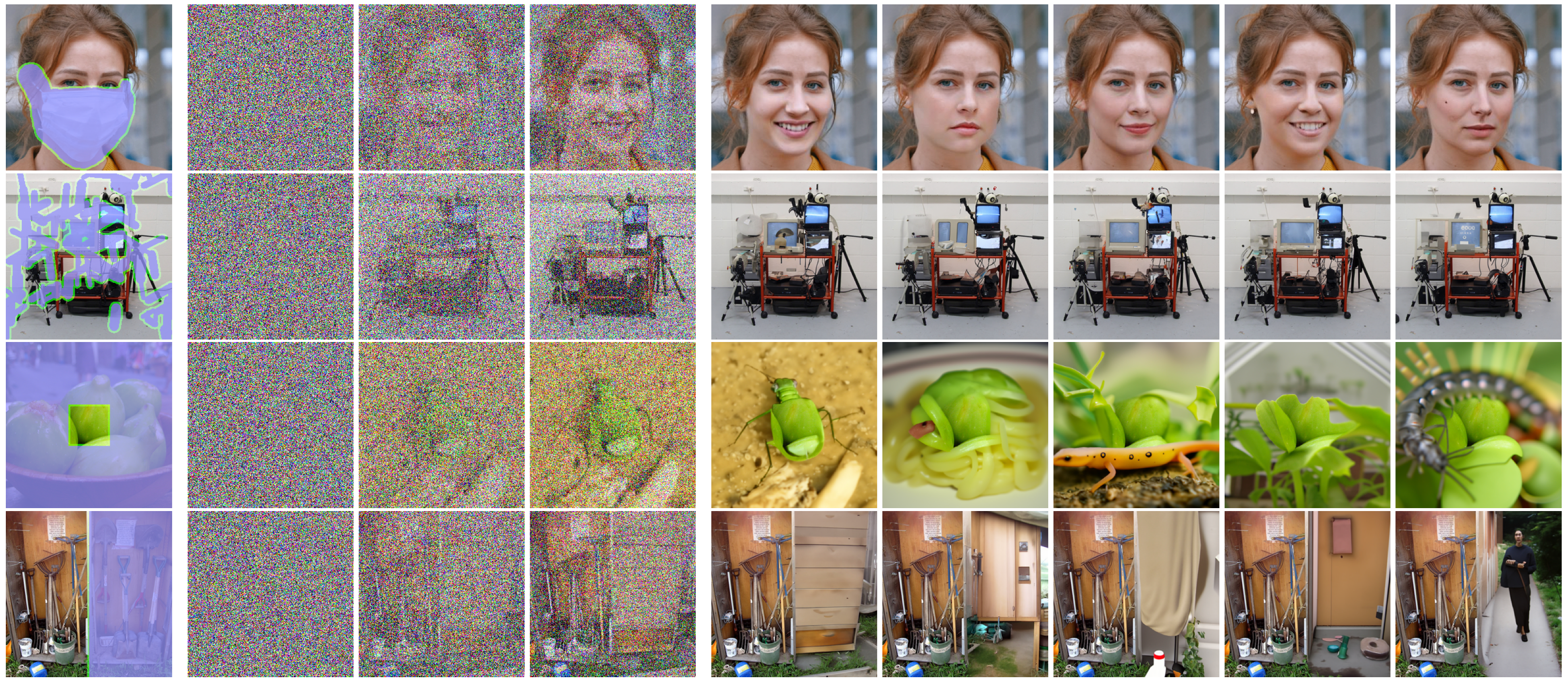 Figure 5: A set of examples from the Denoising Diffusion Probabilistic Models (DDPM) project for image inpainting introduced in Lugmayr et al., 2017 (https://doi.org/10.1109/CVPR52688.2022.01117).