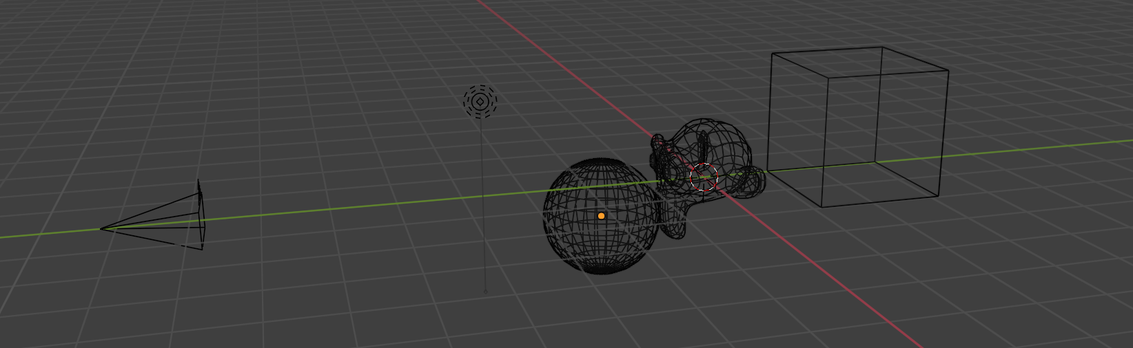 A 3D scene consisting of (from left to right) a camera, a light, a sphere, a monkey, and a cube.