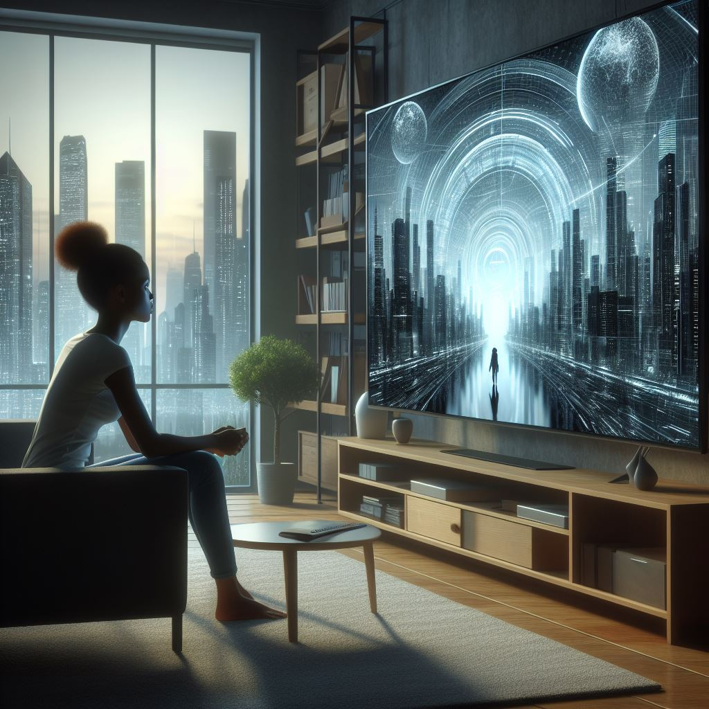 Image of a person watching television. Image created in DALL·E 3.