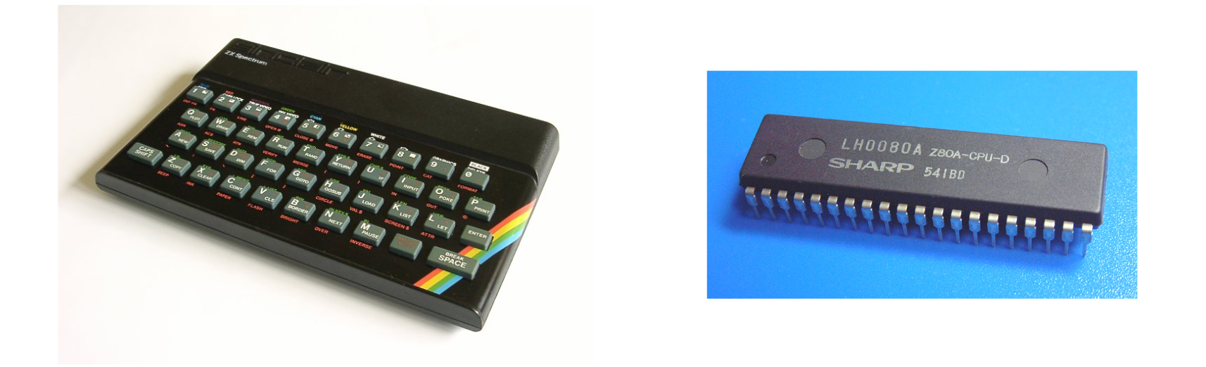 The ZX Spectrum computer (left) which employed the Z80 CPU (right). Source.