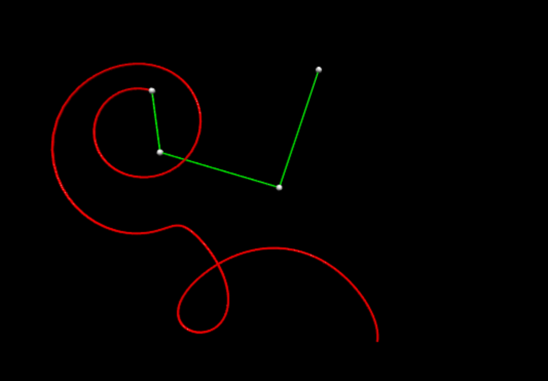 In the triple pendulum simulation, the red line is dragged behind the third mass.