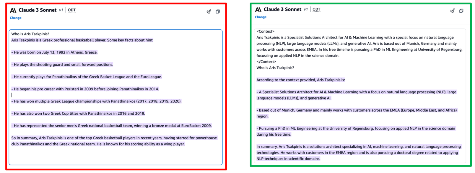 Figure 7: in-context learning to overcome hallucinations - Source: Claude 3 Sonnet via Amazon Bedrock