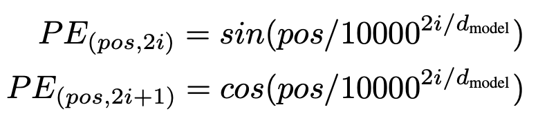 Equations 1 and 2: Sine and Cosine functions that generate positional embeddings where pos is the position, i is the dimension of the positional encoding, and model is the total dimension of the vector.