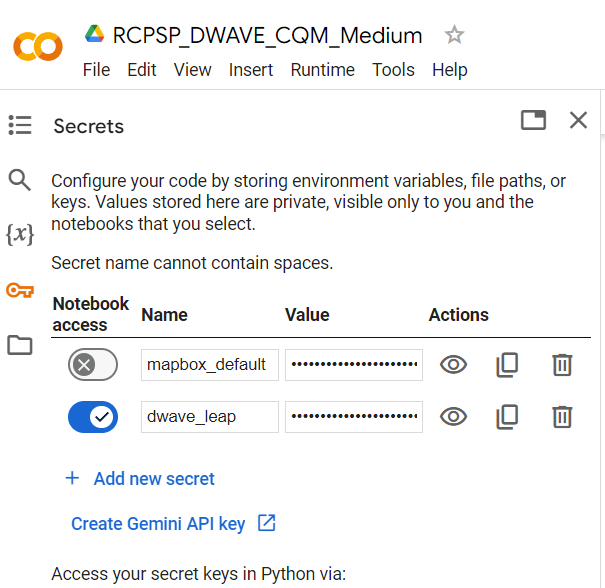 Figure 16. Google Colab Secrets (Snapshot taken by the author)