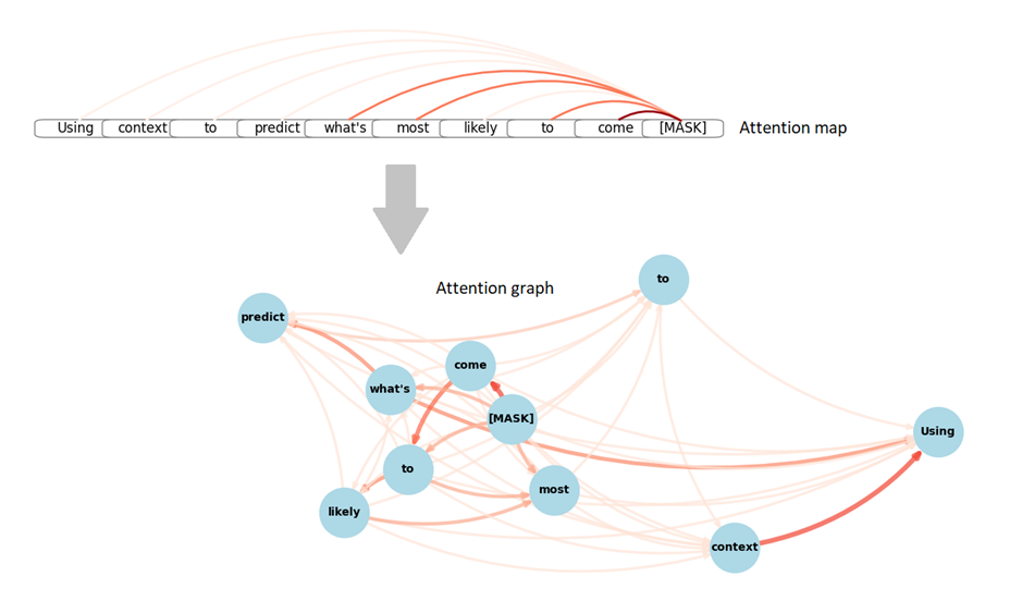 Hypothetical attention maps unrolled to show the a weighted graph of all words. Source: Image by the author