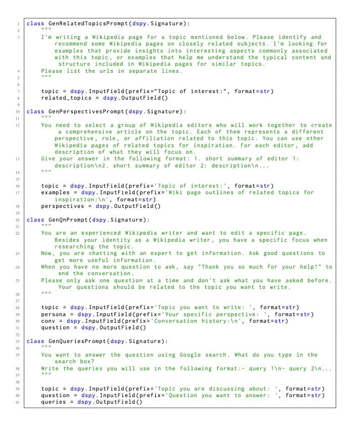 STORM system prompts, illustrating the emphasis on creating Wikipedia-style articles. Source