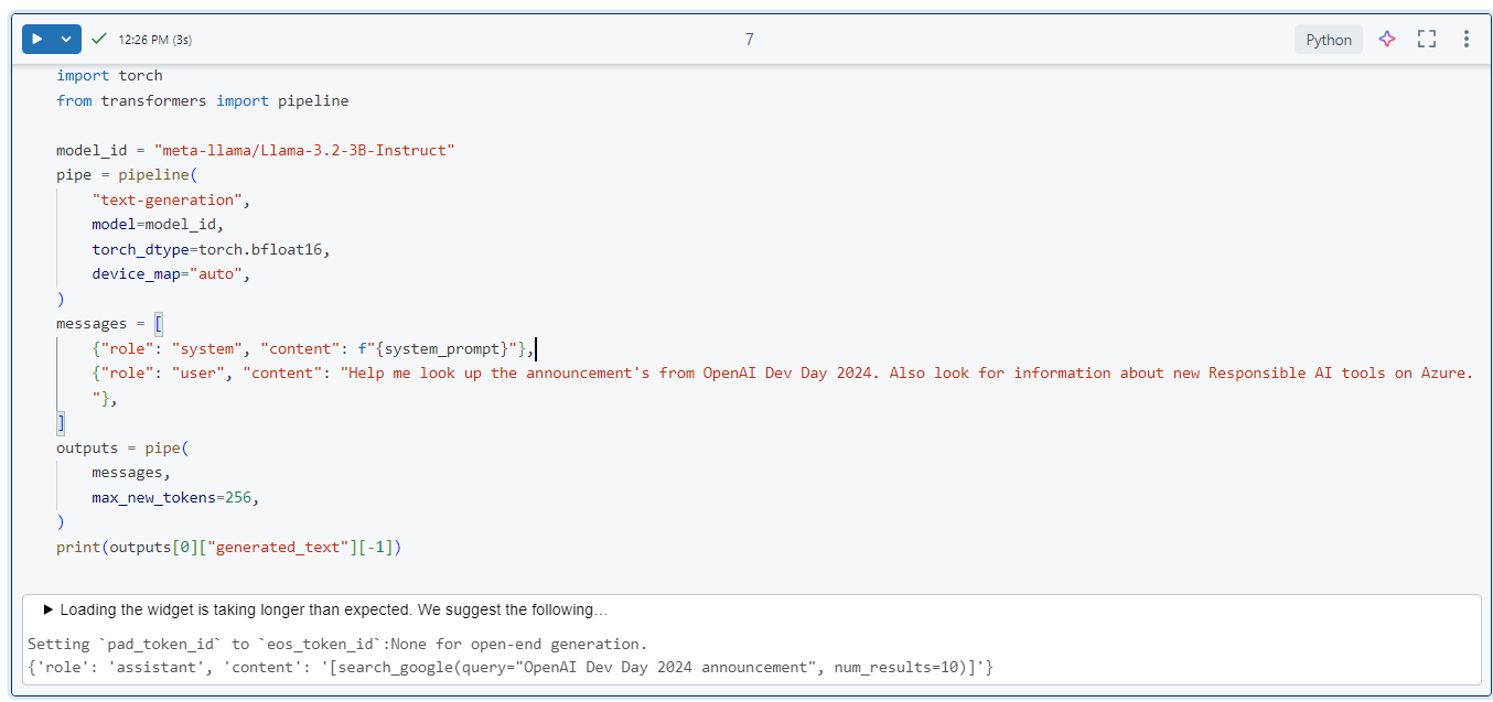 Image by author sample output demonstrating generated tool call from Llama 3.2–3B-Instruct