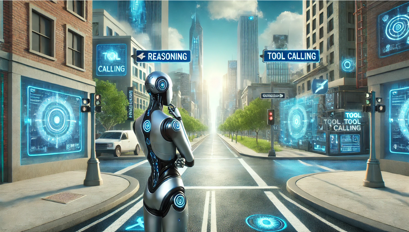 Image by Author and GPT-4o depicting an AI agent at the intersection of reasoning and tool calling