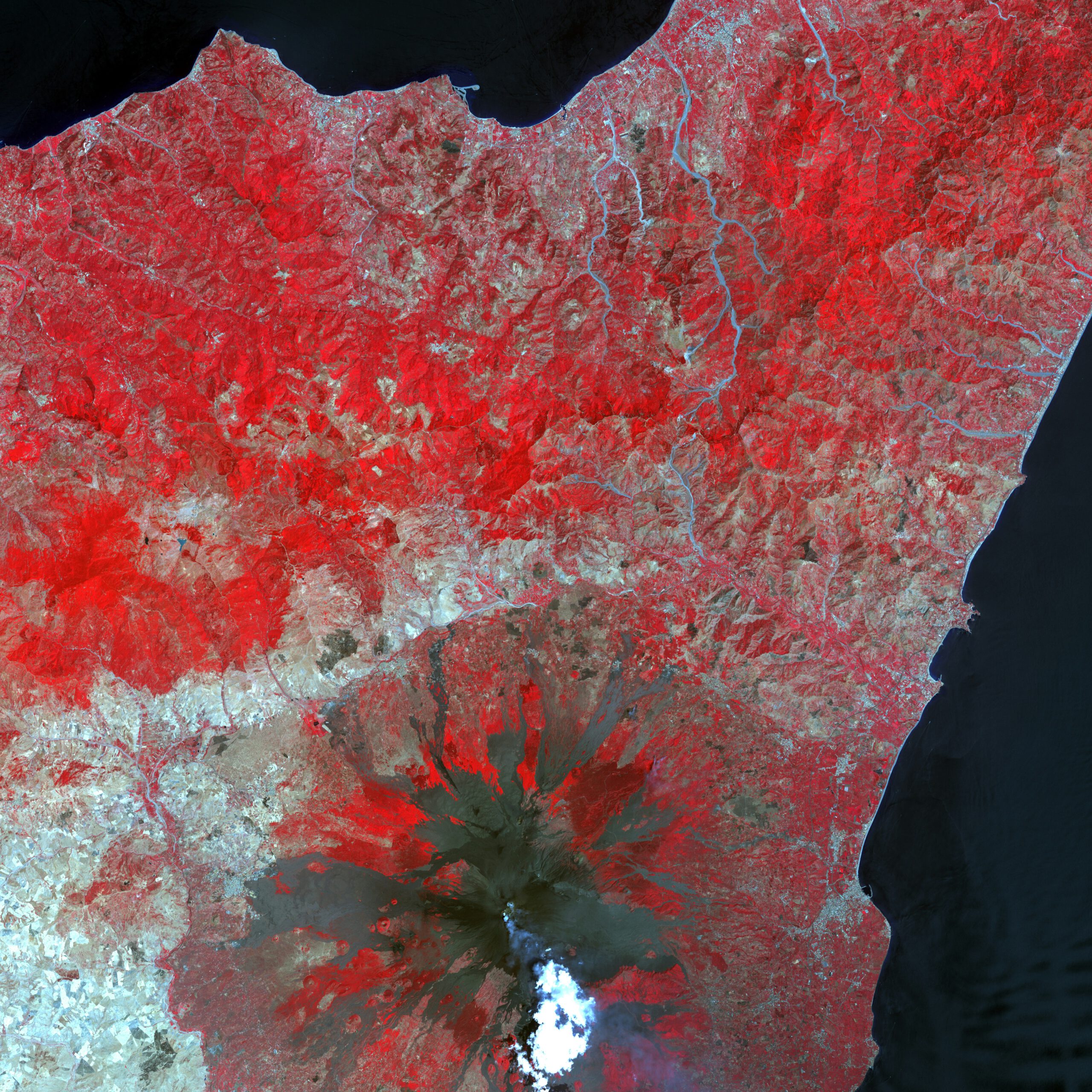 Satellite Image of Mount Etna. Source: United States Geological Service (USGS) photo on Unsplash. Link: https://unsplash.com/es/fotos/una-imagen-satelital-de-un-area-roja-y-blanca-ZvLvu1gUcYA