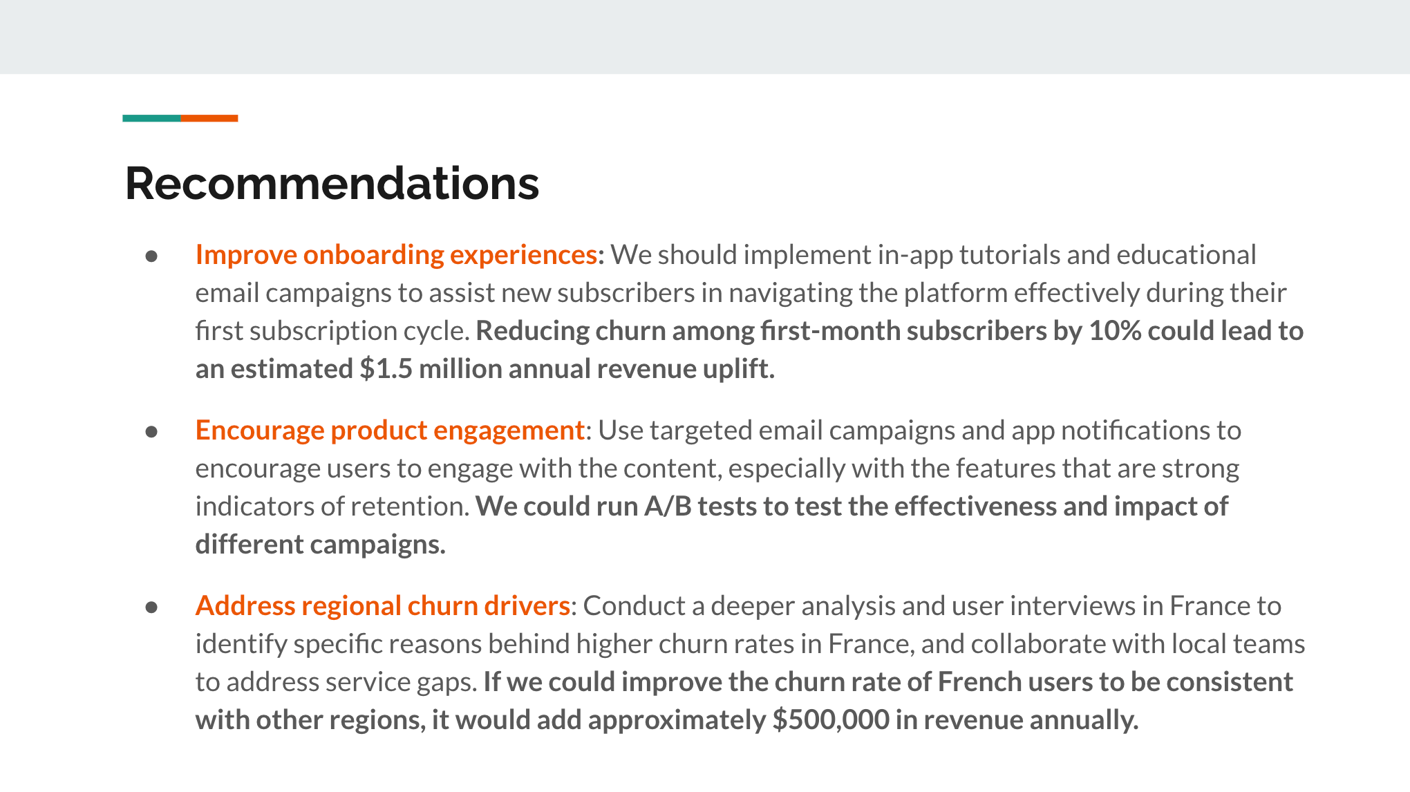 Example key insights and recommendation slides (image and fake data created by author for illustration purpose)