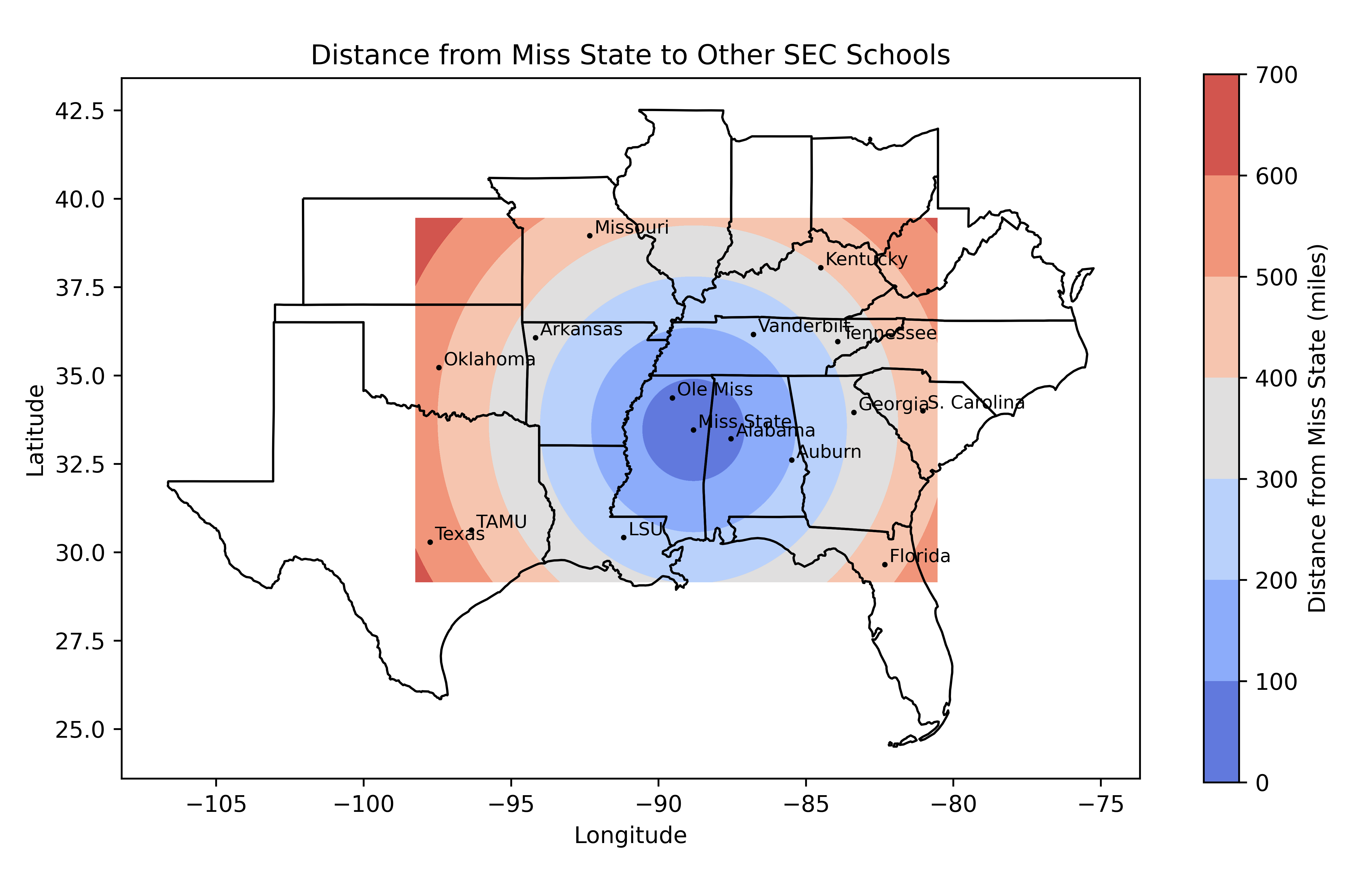 Distance map from Mississippi State University (by author)