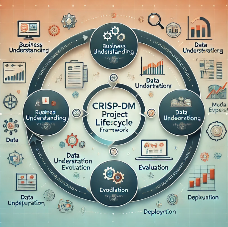 Image created by AI. OpenAI. CRISP-DM Project Lifecycle Framework for Data Science. DALL-E, 2024.