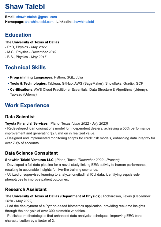 Final PDF version of resume. Image by author.