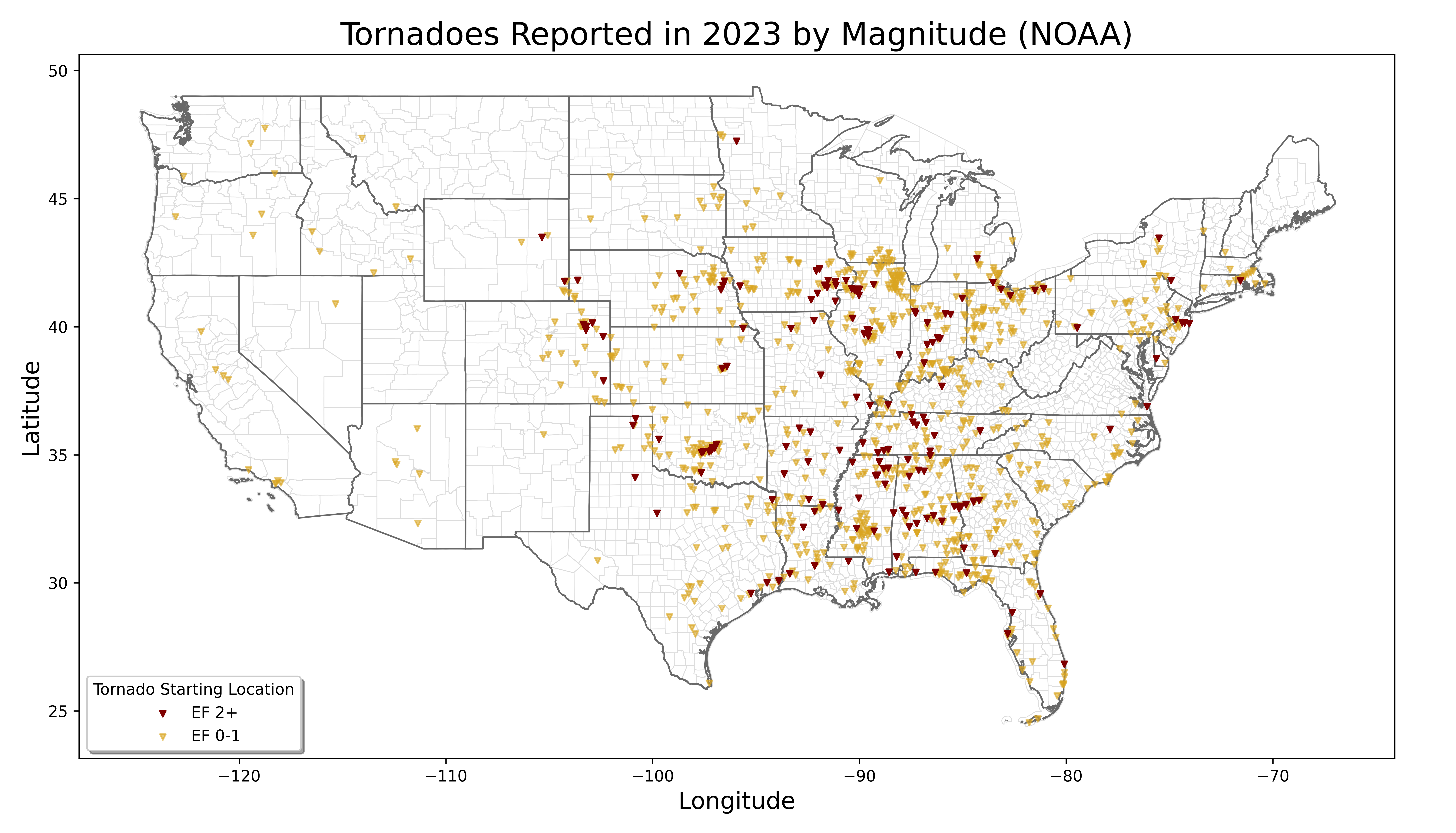 2023 tornadoes color-coded by magnitude groups (by the author)