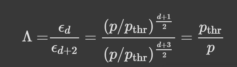 Eq. 10: Error suppression by increasing code distance by 2.