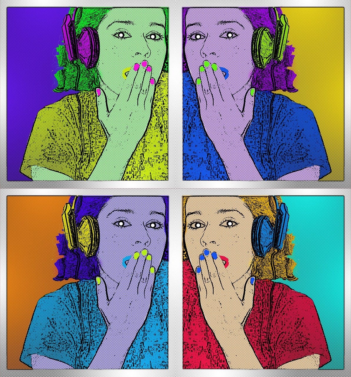 Figure 2. This pop art composition illustrates the principle of adjacent possible transformation through its iterative color variations. The same base portrait is reimagined in different color schemes, with each panel building upon and diverging from the others—much like how the adjacent possible works in creative processes. The artist starts with a single image and explores the "adjacent" color possibilities, creating four different interpretations. Image by Javier Rodriguez in Pixabay.