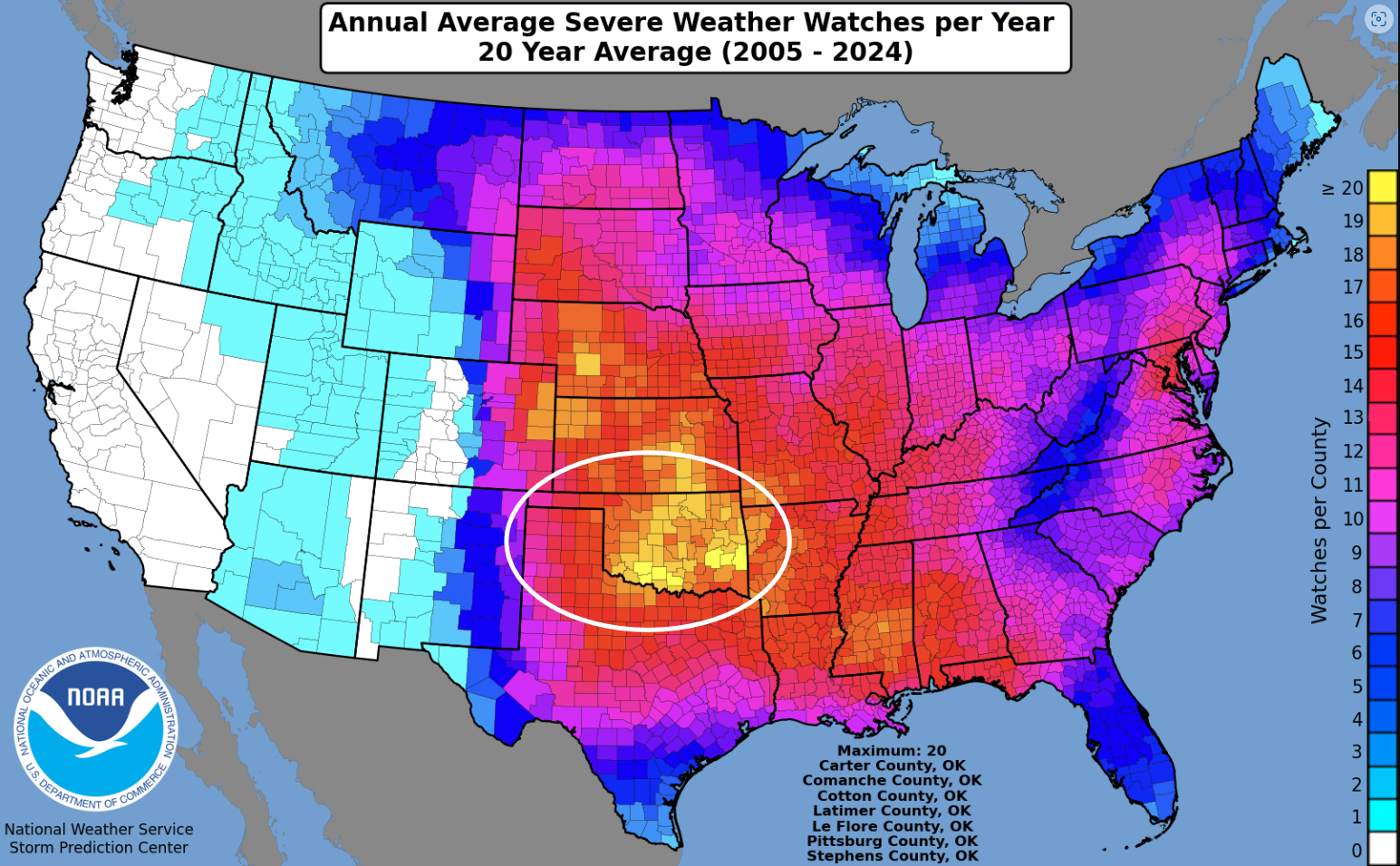 Oklahoma (circled) experiences more than its share of bad weather (NOAA)