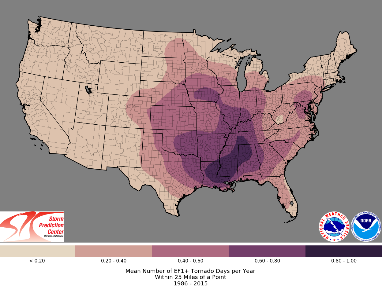 Mean number of EF1 and stronger tornado days per year within 25 miles of a point (1986–2015) (NOAA)