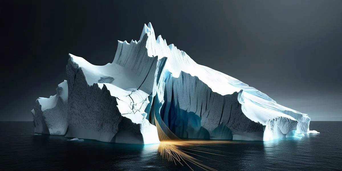 AI-generated glacier with light shining from the water's surface