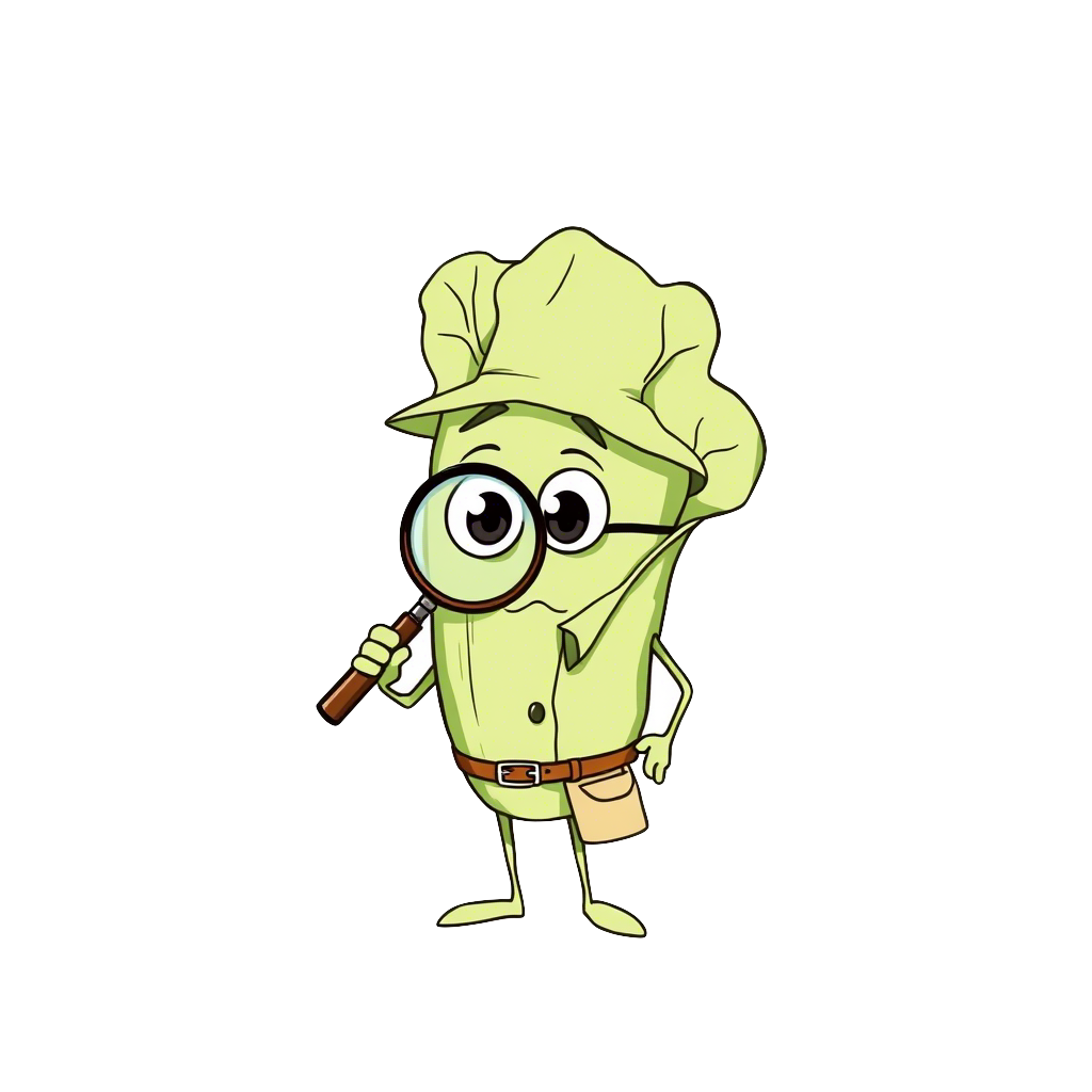 A cartoon of a head of lettuce dressed as a detective